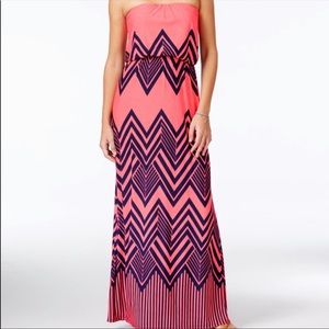 Blue Strapless Maxi Dress chevron w pockets